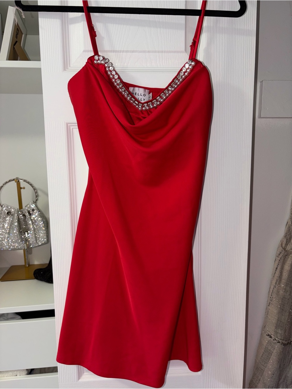 Hello Molly Red Rhinestone Cowl Slip Dress